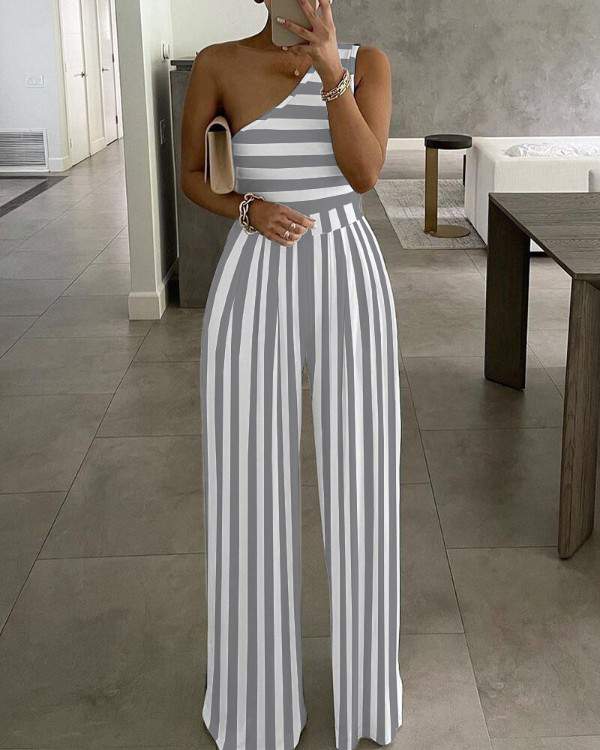 Casual Striped Jumpsuit - One Shoulder Look