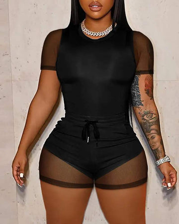 CONTRAST MESH TOP DRAWSTRING romper