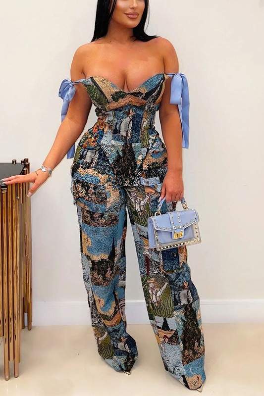 PAINTING OFF SHOULDER TIE WRAP PANT SETS