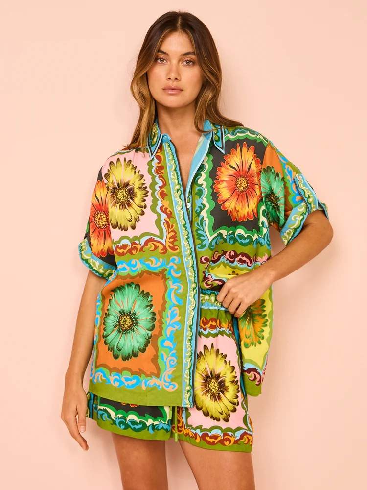 LOOSE CASUAL SHORTS FASHION ALL MATCH DAISY FLOWER LINEN TWO SUIT