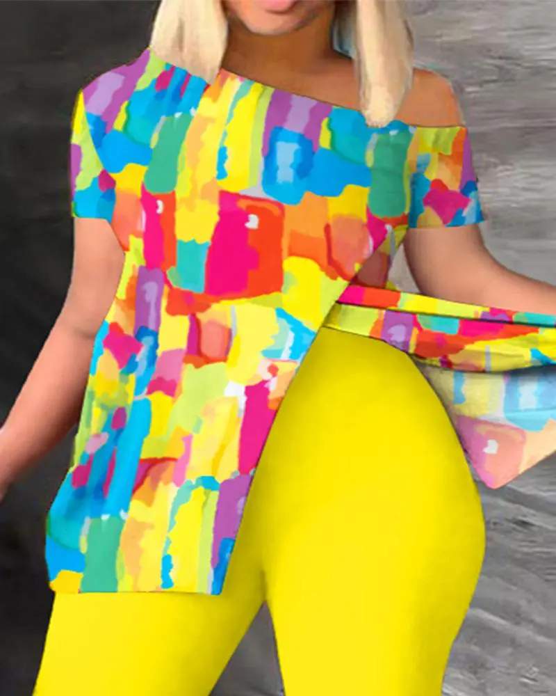 PLUS SIZE TIE DYE PRINT SPLIT HEM TOP PANTS SET