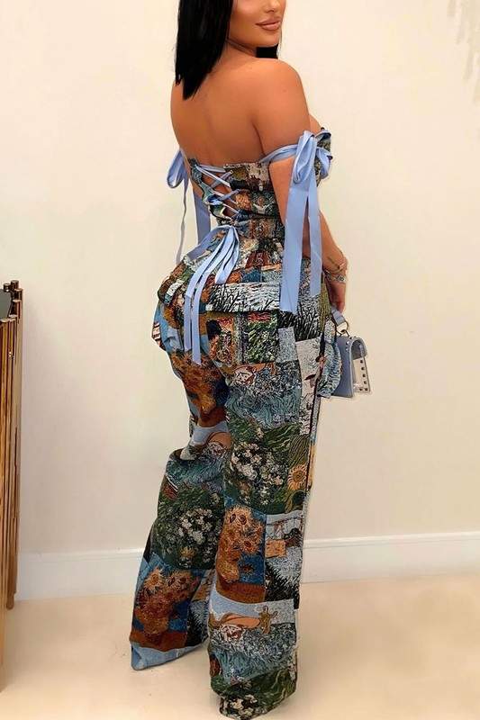 PAINTING OFF SHOULDER TIE WRAP PANT SETS