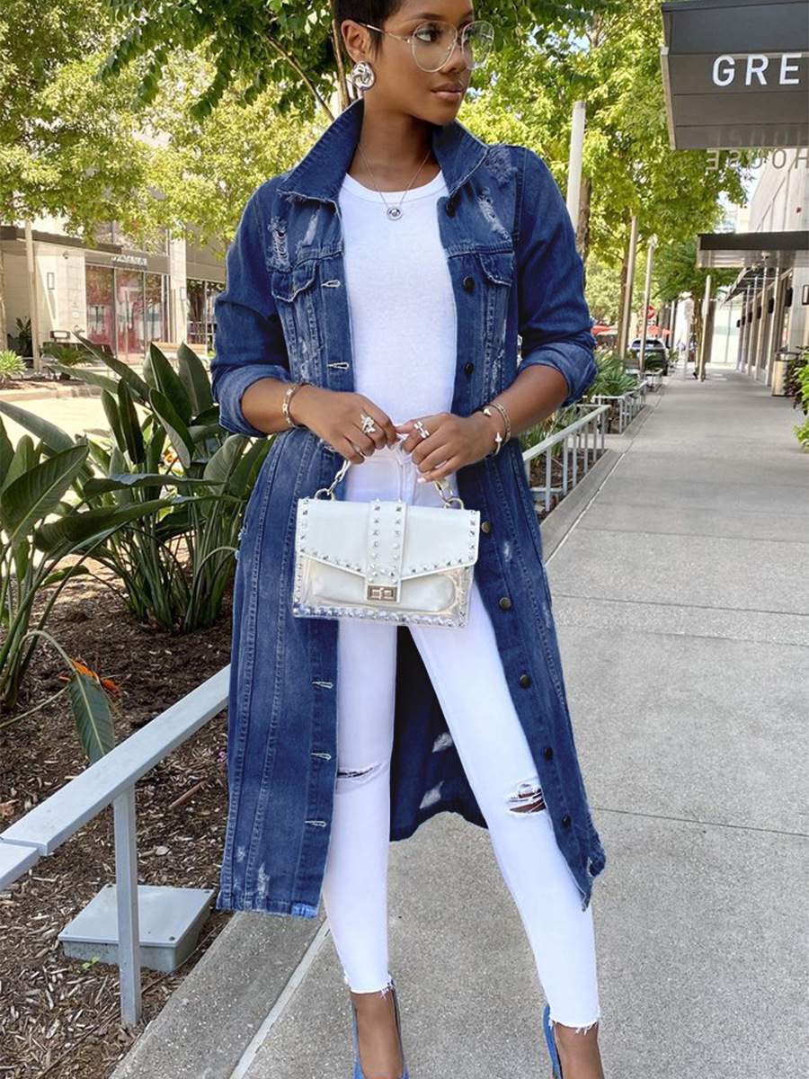 DENIM LONG  RIPPED DENIM COAT WOMEN