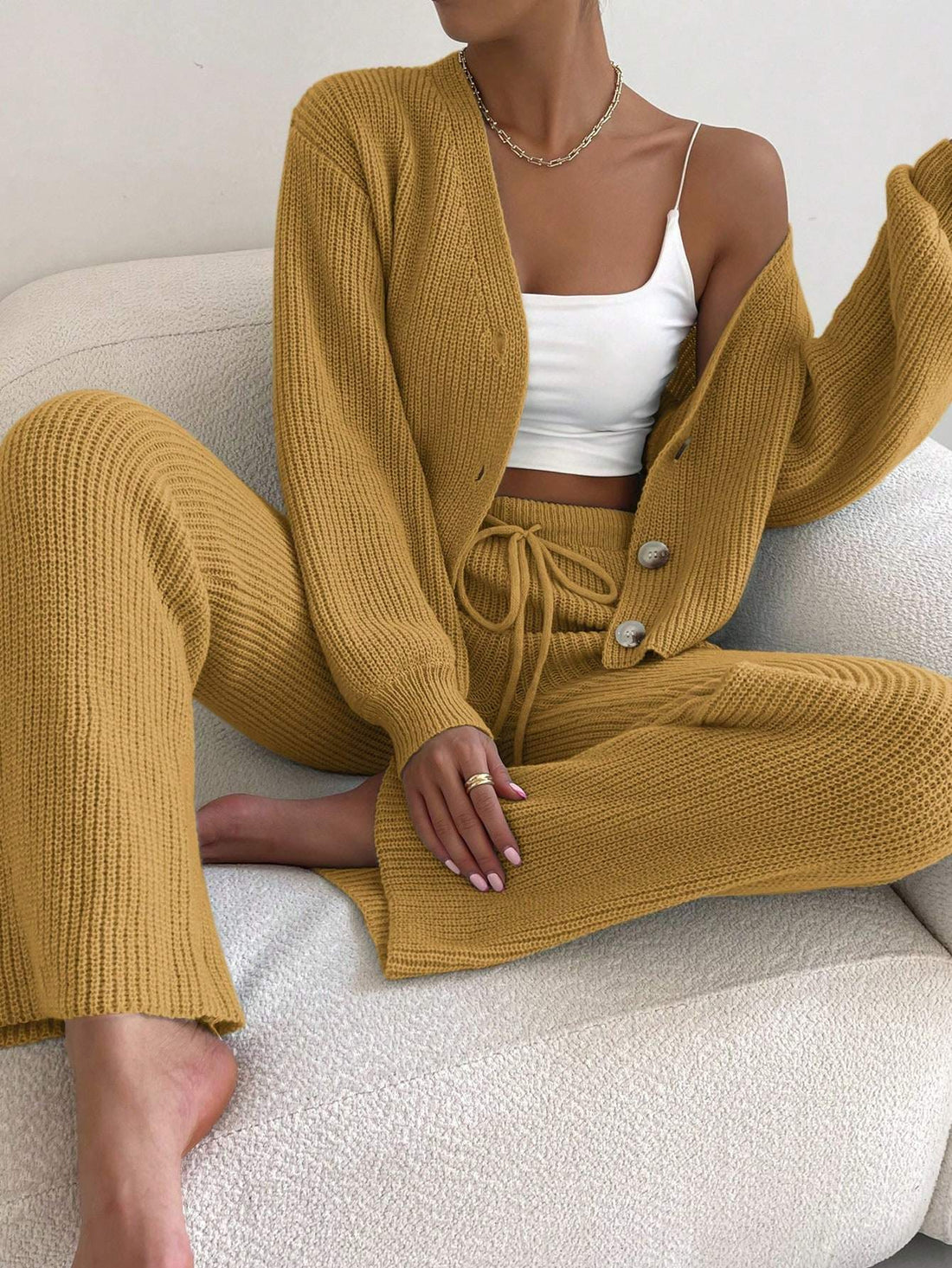 ESSNCE DROP SHOULDER BUTTON UP CARDIGAN AND DRAWSTRING WAIST KNIT PANTS TWO PIECE SET