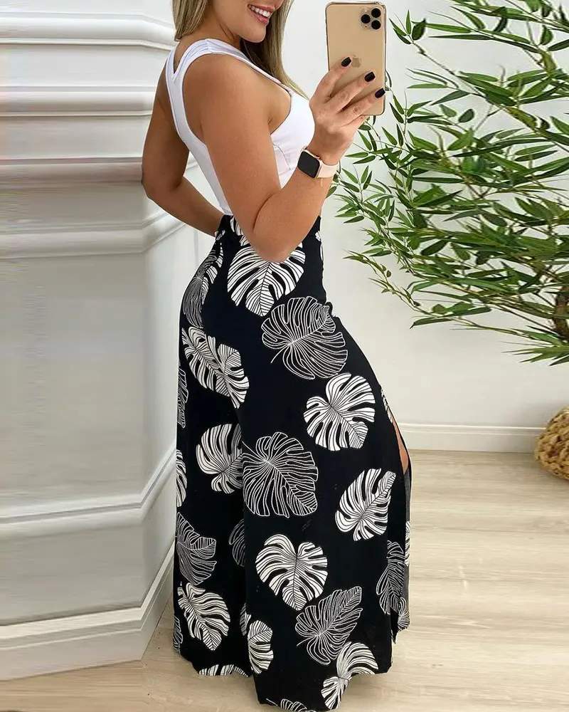 Sleek Crop Top & Floral High-Slit Pants Set
