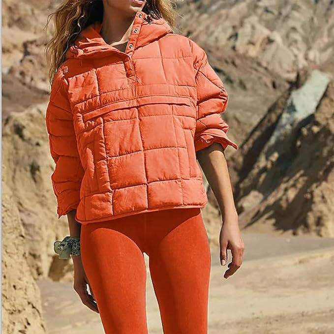 SOLID COLOR HOODED COTTON PADDED FOLDABLE PADDED PULLOVER POCKET LONG SLEEVE COAT FOR WOMEN