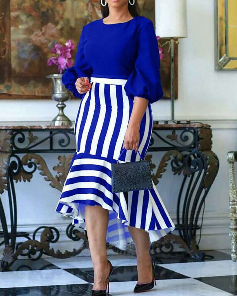 Fashion Striped Midi Dress, Puff Sleeve Elegance