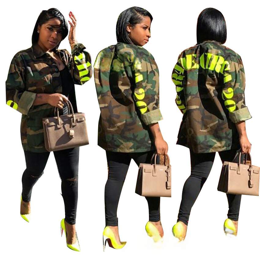 EXPLOSIONS SEXY CAMOUFLAGE LONG SLEEVE LETTER COAT FOR WOMEN