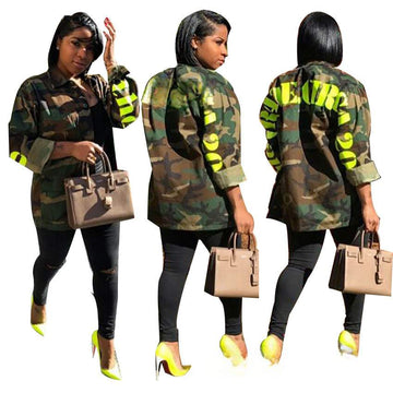 EXPLOSIONS SEXY CAMOUFLAGE LONG SLEEVE LETTER COAT FOR WOMEN