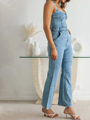 SOLID COLOR STRAPS MULTI POCKET DENIM JUMPSUIT