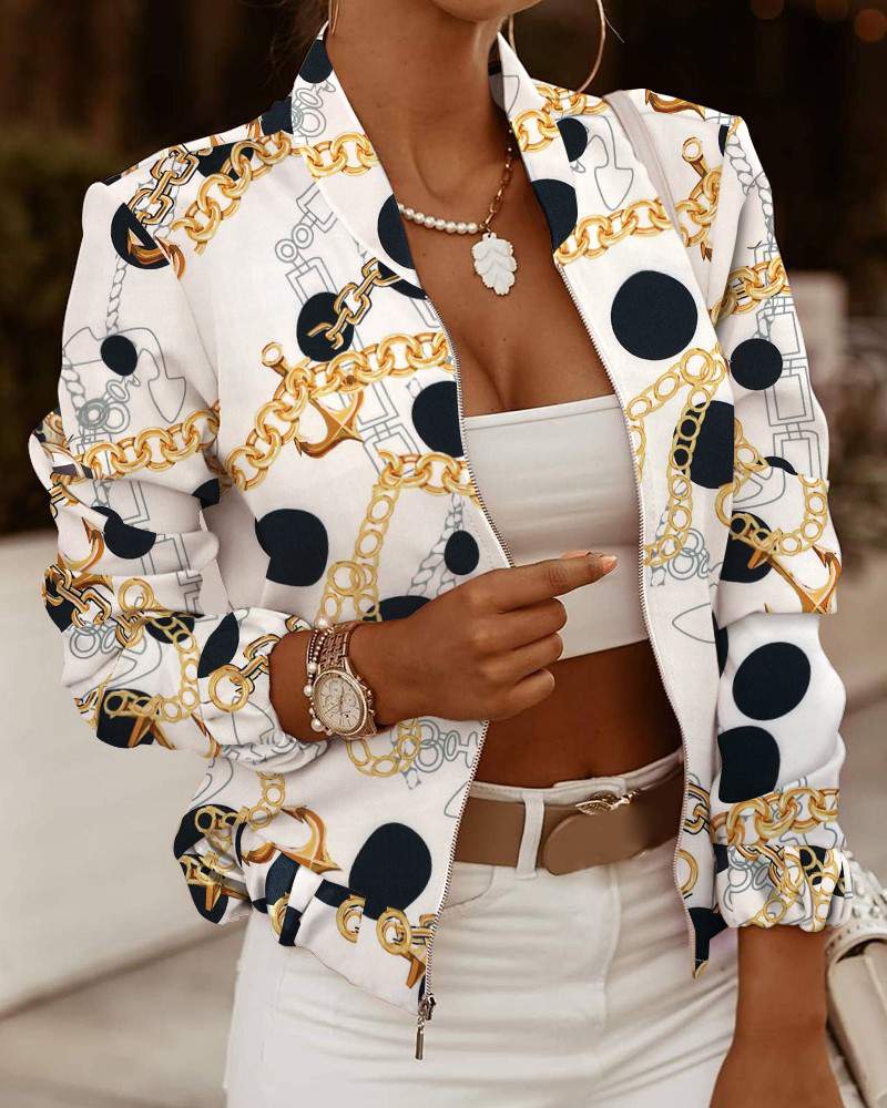 Chain Print Long Sleeve Zip Up Jacket
