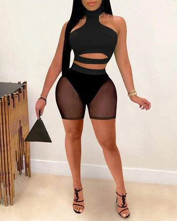 CUTOUT HALTER CROP TOP SHEER MESH SHORTS SET
