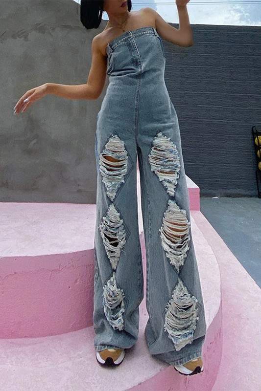 STRAPLESS DENIM JUMPSUITS