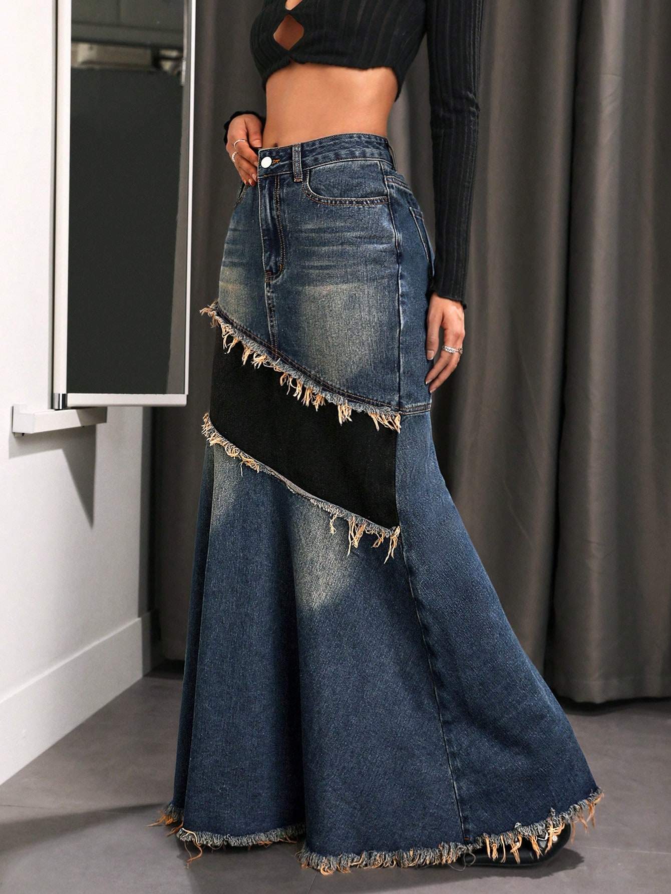 Denim Maxi Skirt with Fringe Detail
