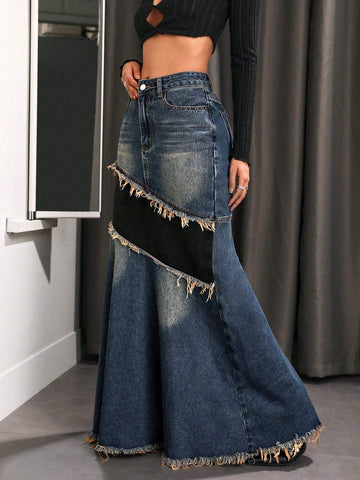 Denim Maxi Skirt with Fringe Detail