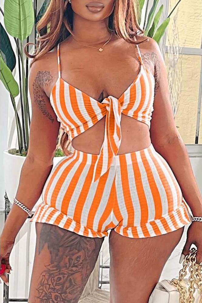 SEXY BEACH STRIPED TWO PIECE SHORT SET
