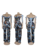 PAINTING OFF SHOULDER TIE WRAP PANT SETS