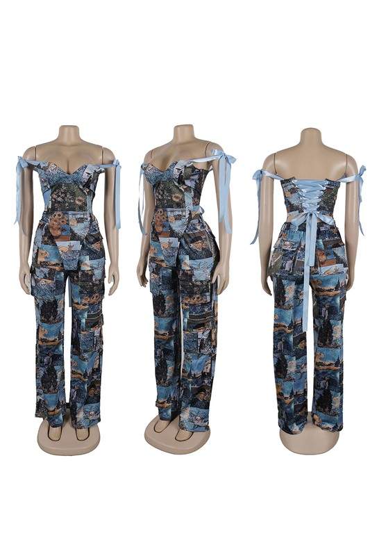 PAINTING OFF SHOULDER TIE WRAP PANT SETS