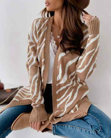 ZEBRA STRIPE PATTERN OPEN FRONT LONGLINE CARDIGAN