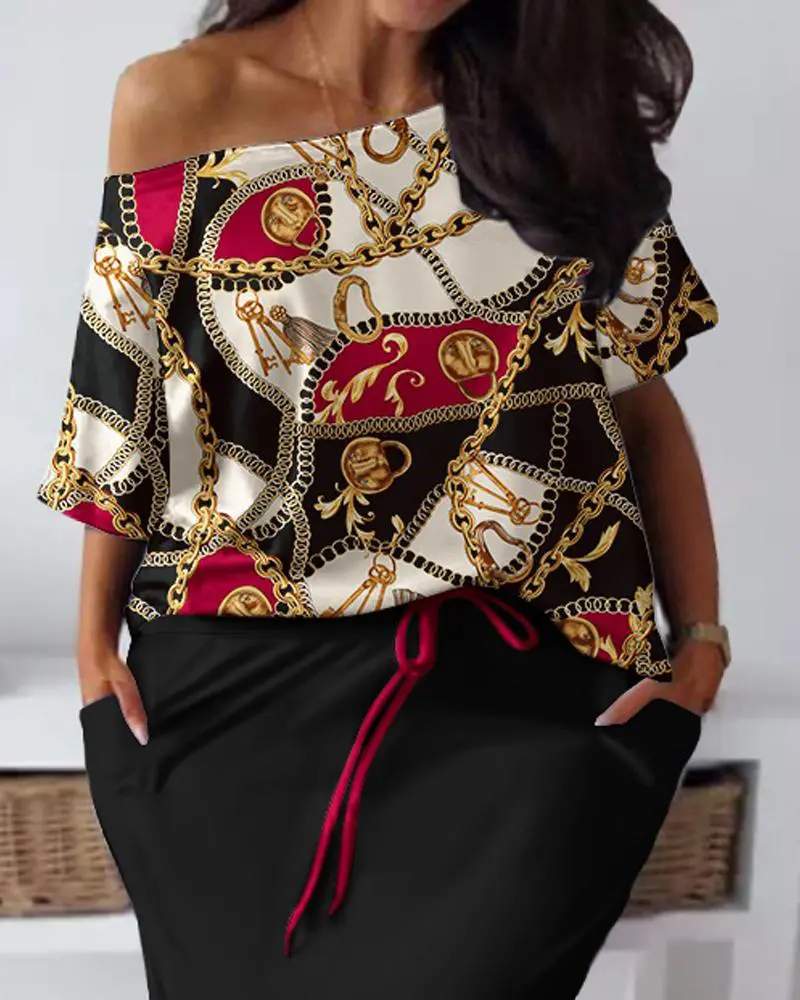 PLUS SIZE SCARF CHAIN PRINT CASUAL TOP SKIRT SET