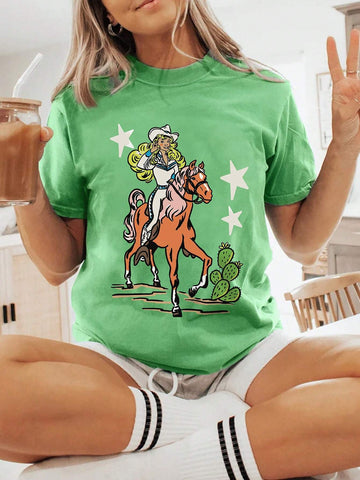 WOMEN S FIVE POINTED STAR HORSE PRINT ROUND NECK T SHIRT