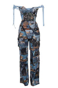PAINTING OFF SHOULDER TIE WRAP PANT SETS
