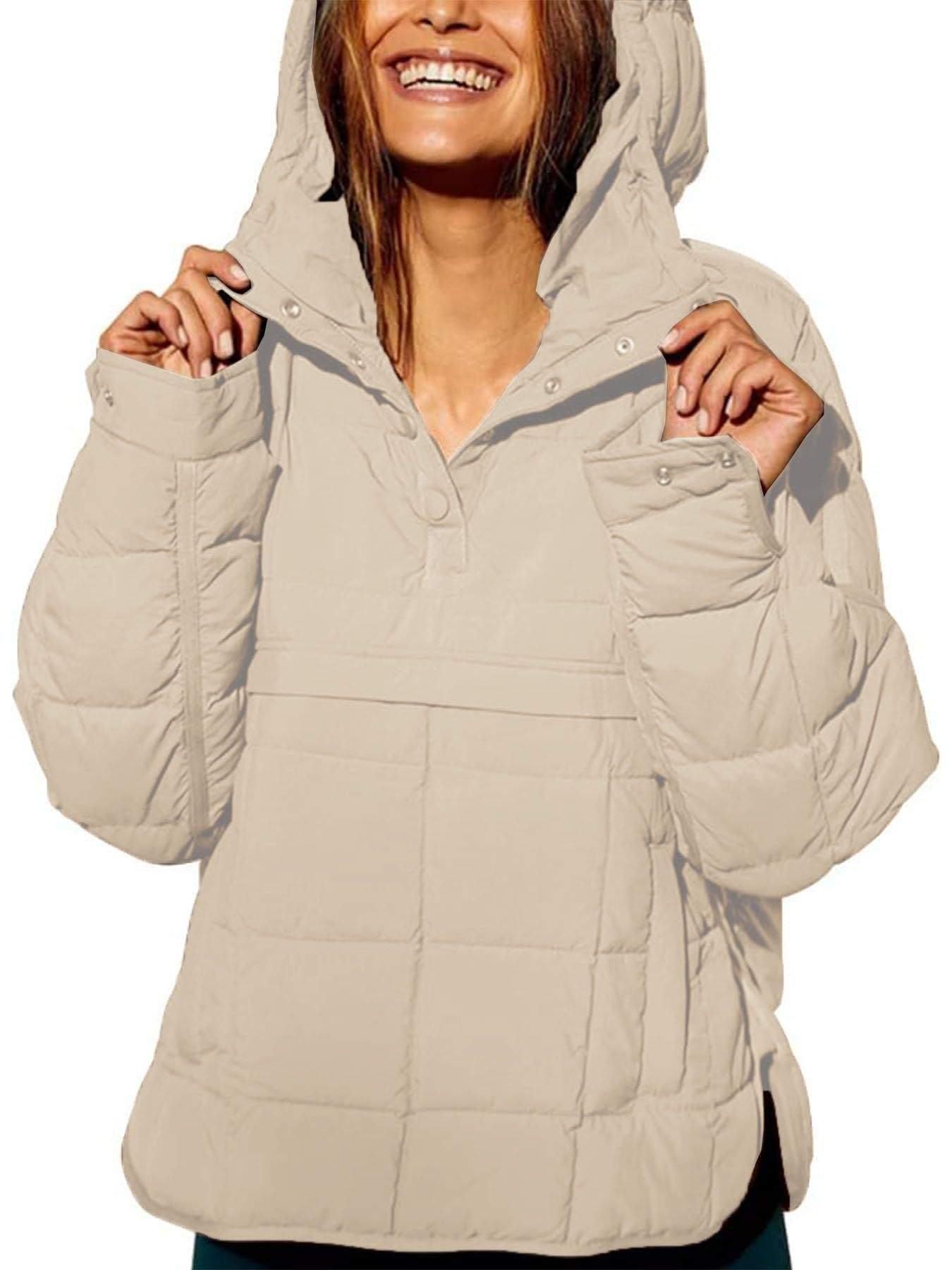 SOLID COLOR HOODED COTTON PADDED FOLDABLE PADDED PULLOVER POCKET LONG SLEEVE COAT FOR WOMEN