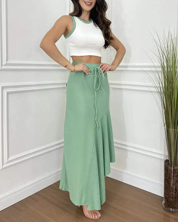 CONTRAST BINDING CROP TANK TOP ASYMMETRICAL SKIRT SET