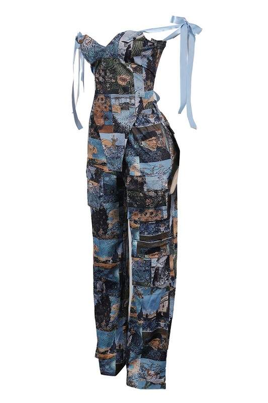 PAINTING OFF SHOULDER TIE WRAP PANT SETS