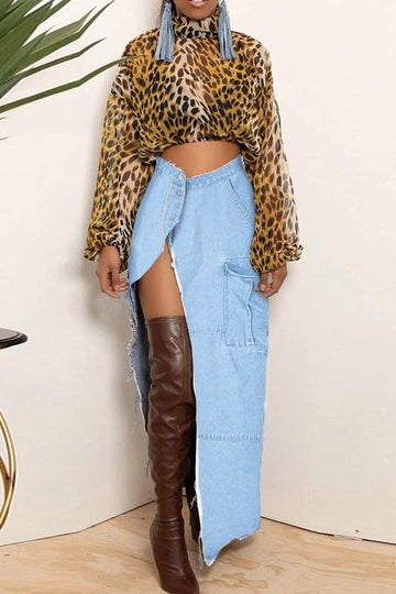Chic Leopard Print Crop Top, High Slit Skirt