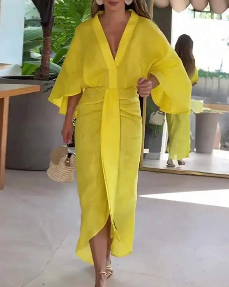 PLUNGE BATWING SLEEVE DRAPED MIDI DRESS