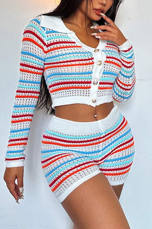 CROCHET LONG SLEEVE TOP AND SHORTS SET