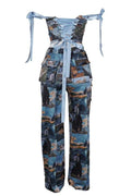 PAINTING OFF SHOULDER TIE WRAP PANT SETS