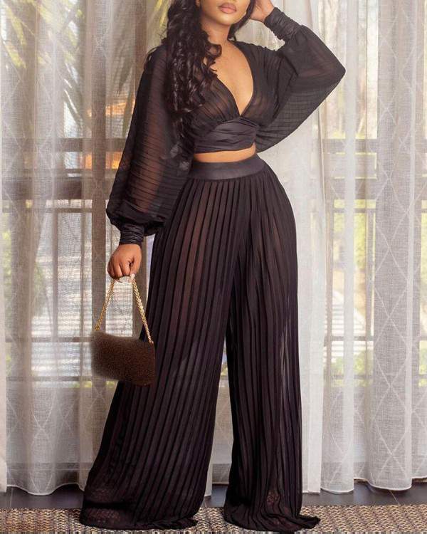 Lantern Sleeve Mesh Crop Top Pleated Wide Leg Pants Sets