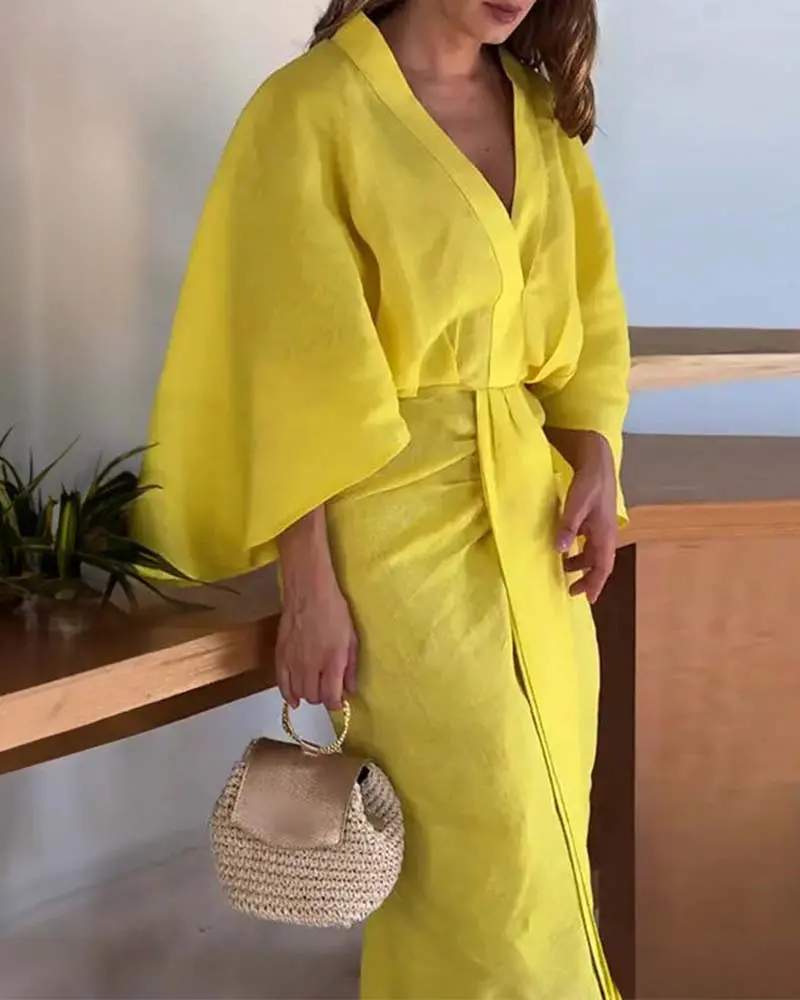 PLUNGE BATWING SLEEVE DRAPED MIDI DRESS