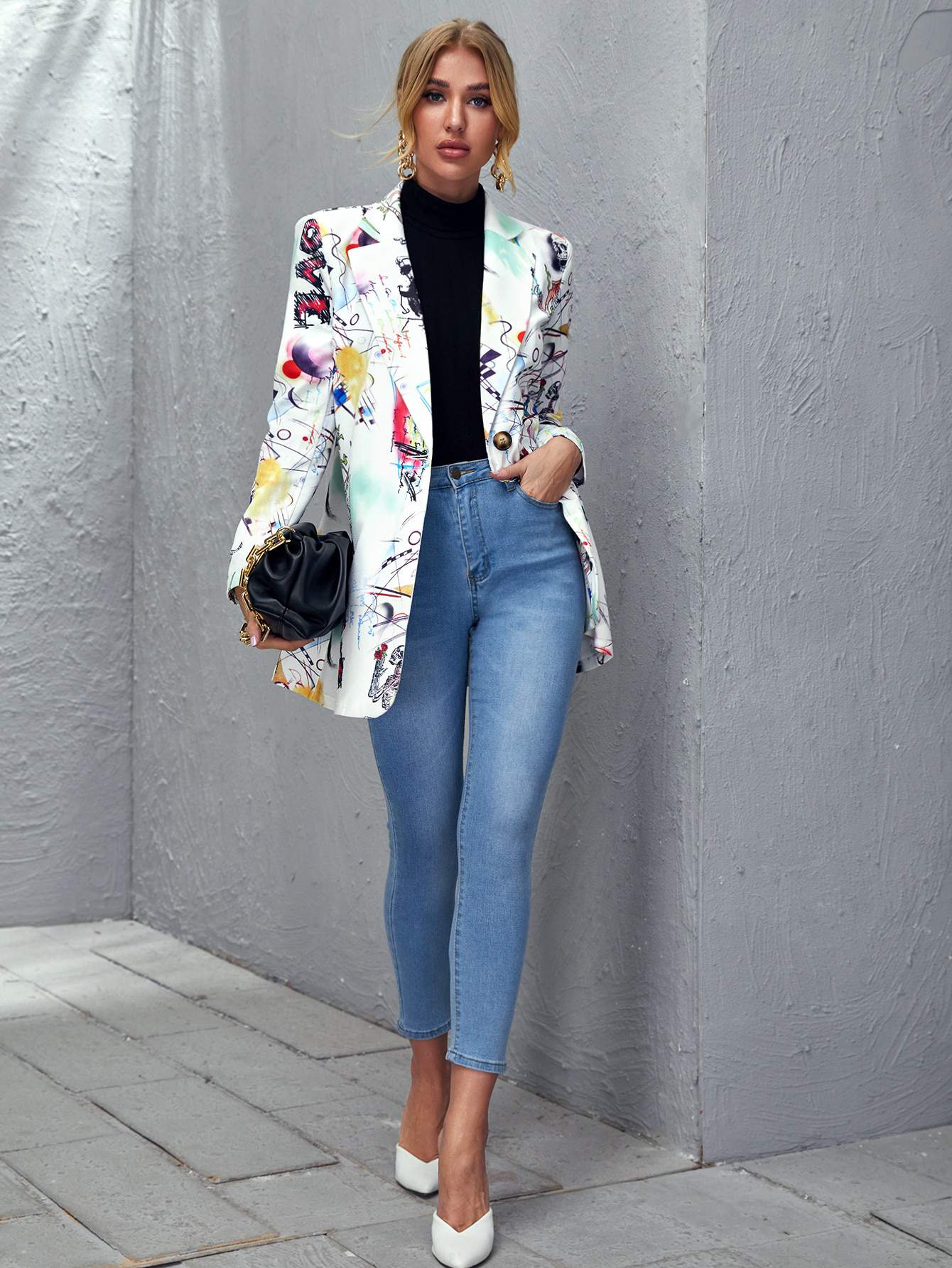 NOTCHED COLLAR SINGLE BUTTON POP ART PRINT BLAZER