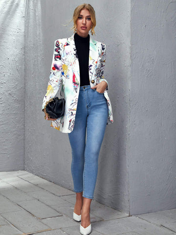 NOTCHED COLLAR SINGLE BUTTON POP ART PRINT BLAZER