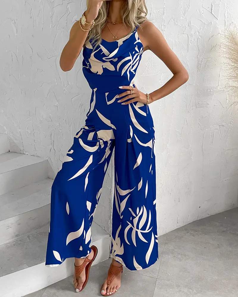 PLANTS PRINT TIED DETAIL WIDE LEG JUMPSUITS