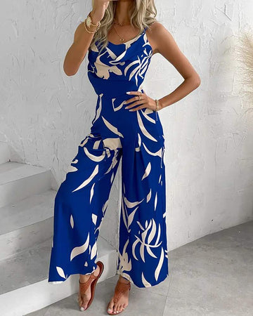 PLANTS PRINT TIED DETAIL WIDE LEG JUMPSUITS