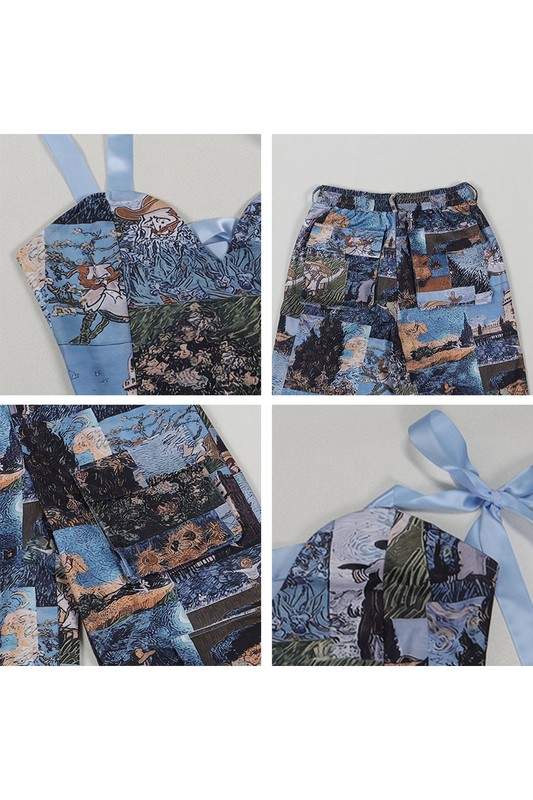 PAINTING OFF SHOULDER TIE WRAP PANT SETS