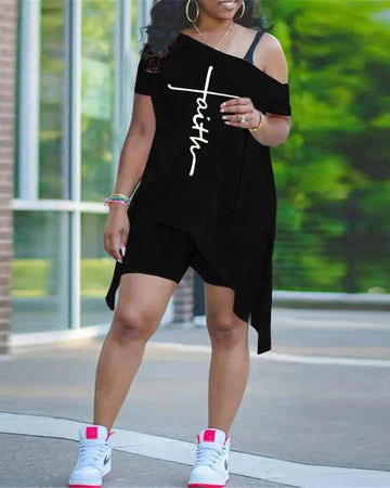 LETTER PRINT SPLIT HEM ASYMMETRICAL TOP SHORTS SET
