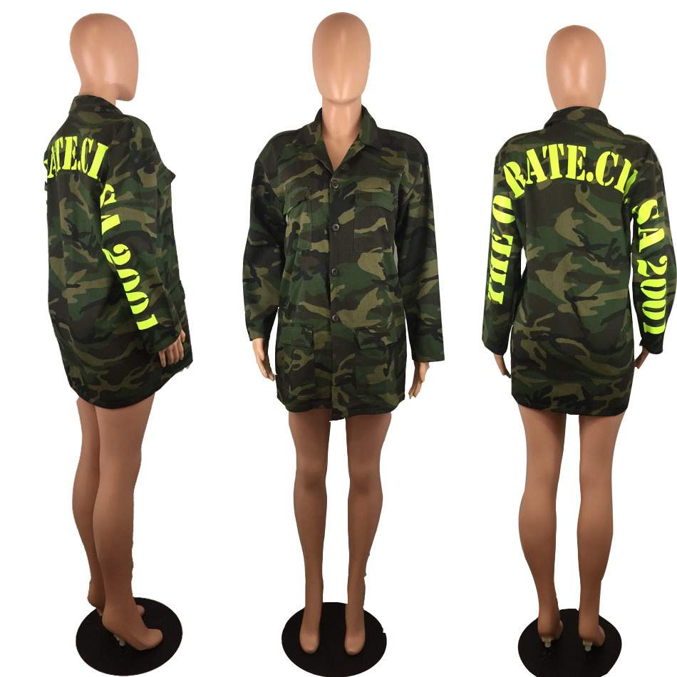 EXPLOSIONS SEXY CAMOUFLAGE LONG SLEEVE LETTER COAT FOR WOMEN