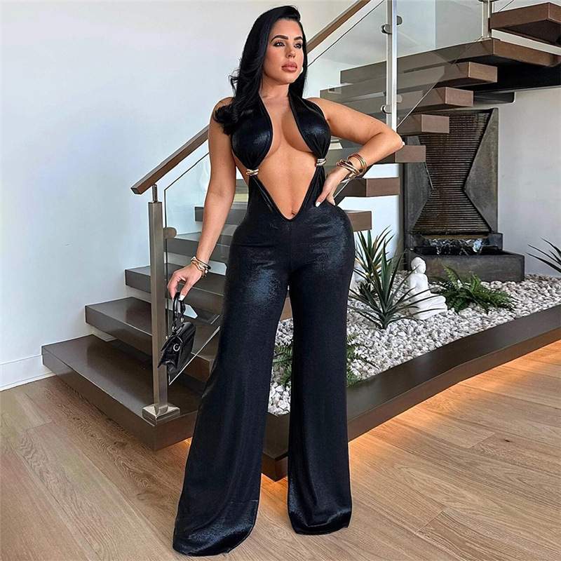 NAVEL NECK BACKLESS PU ELEGANT WIDE LEG JUMPSUIT