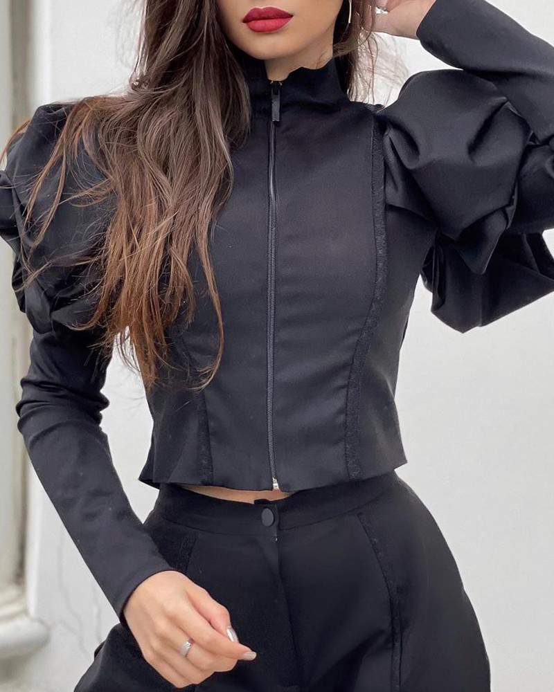 Puff Sleeve Zipper Design Long Sleeve Top