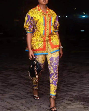 BAROQUE PRINT BUTTONED TOP PANTS SET