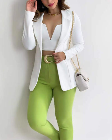 LONG SLEEVE LAPEL COLLAR BLAZER WITH V CUT CROP CAMI TOP