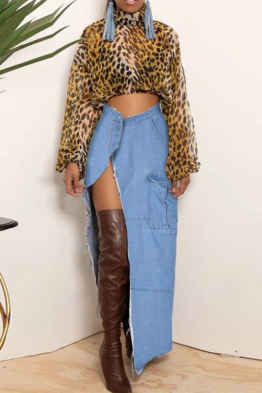 Chic Leopard Print Crop Top, High Slit Skirt