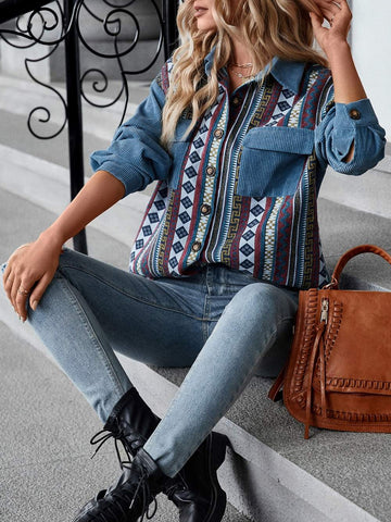 GEO PRINT DROP SHOULDER FLAP POCKET SHACKET