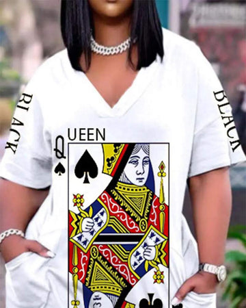 LETTER POKER PRINT POCKET DECOR CASUAL DRESS