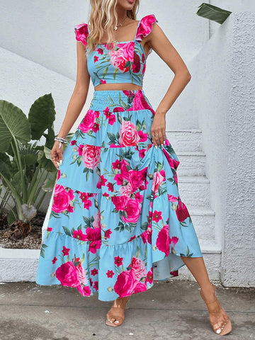 VCAY WOMEN S PLANT PRINT FLUTTER SLEEVE TOP AND SKIRT SET